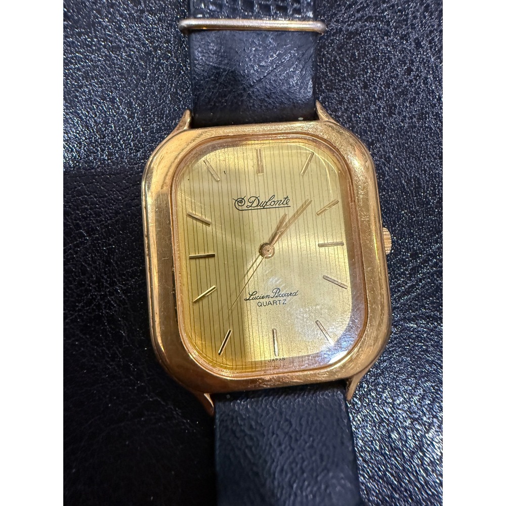 Lucien Piccard Dufonte Gold‎ Tone Rectangular Quartz Watch Black Leather Strap